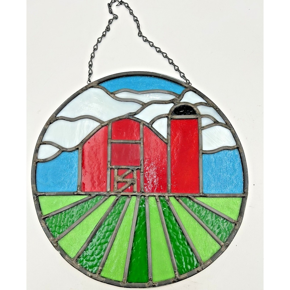 Vintage Handmade Stained Glass Barn & Farm 10.8" Round Grandpacore Cottagecore